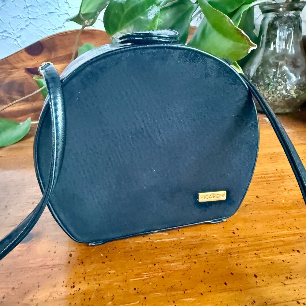 Vintage Picard Black Leather Crossbody Bag Small Structured Purse Gold Tone - Picture 2 of 9
